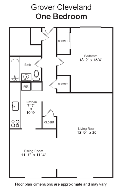 Floor plan for 1 bed, 1 bath